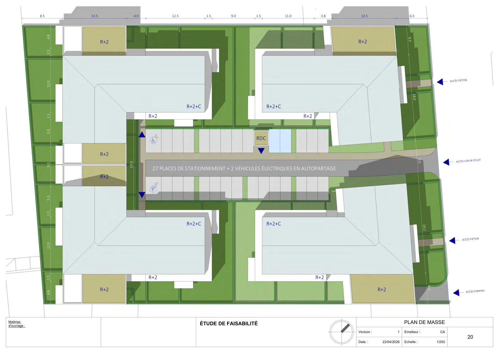 Plan masse du scénario de faisabilité sur un terrain de 5 000 m²